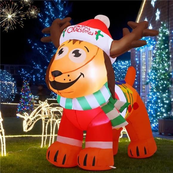 4FT Christmas Dog with Antler Hat, Built-in LEDs Blow Up Yard Decoration - Picture 3 of 6